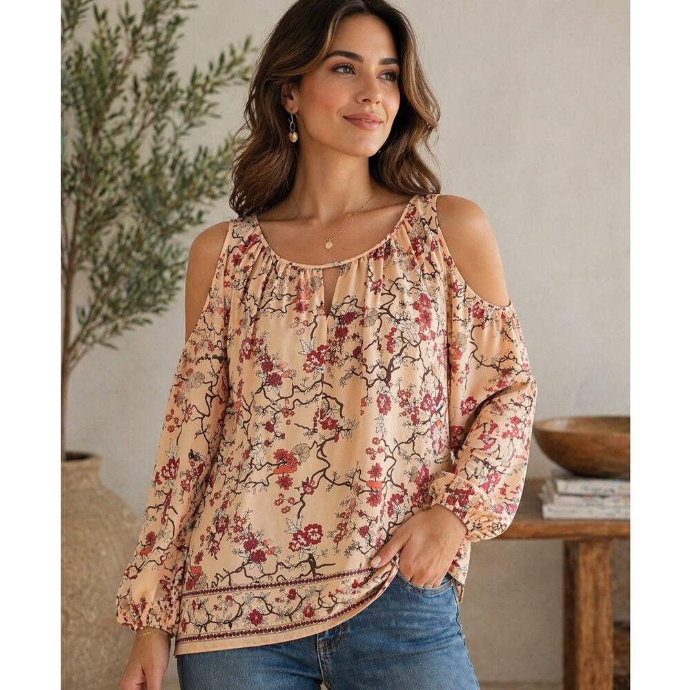 NWOT Max Edition Floral Peek-a-Boo Cold Shoulder Sleeve Blouse L